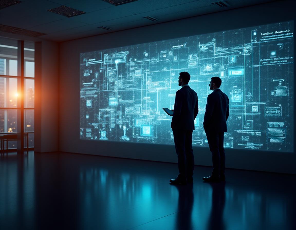 Consultants reviewing complex system architecture on large screen